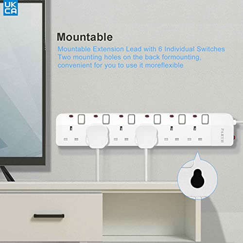 PARTH Surge Protected Extension Lead 3m Cable - 6 Way Surge Protection Multi Plug Extension with Individual Switches - UK Sockets Wall Mounted Power Strip 13A/3250W for Home, Motorhome, Travel, Office - Image 6