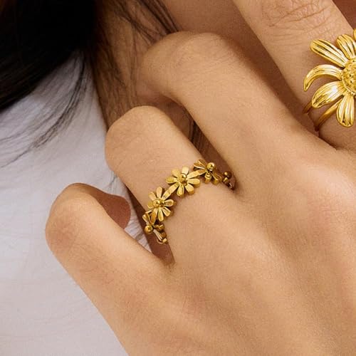 OIDIMS Daisy Flower Ring for Women Gold Plated Stainless Steel Adjustable Wrap Open Band Dainty Sunflower Promise Jewelry Minimalist Stacking Ring for Engagement Wedding Party Present for Daughter4