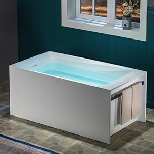 WOODBRIDGE 51-1/8″ L x 27-1/2″ Stone Resin Luxury Contemporary Solid Surface Freestanding Soaking Bathtub in Matte White, Ergonomic Soaking Tub with Towel Bar and 2 Drain Covers (Matte White & Black)