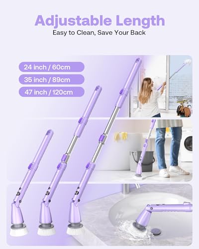 Image of Electric Spin Scrubber, Cordless Cleaning Brush with 440RPM /90Mins Runtime, 3 Adjustable Angles&Sizes, 6 Replaceable Brush Heads, 2 Speeds for Bathroom Glass, Bathtub, and Shower, Car Cleaning, Purple