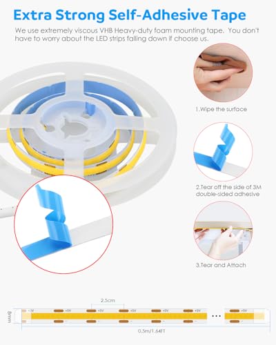 Image of Aclorol USB COB LED Strip 50cm White LED Strip Lights for Bedroom Dimmable Light Strip with Dimmer High Density and Bright for Kitchen Cabinet Display Case Craft Lighting Project 6000K 1.64FT /0.5M