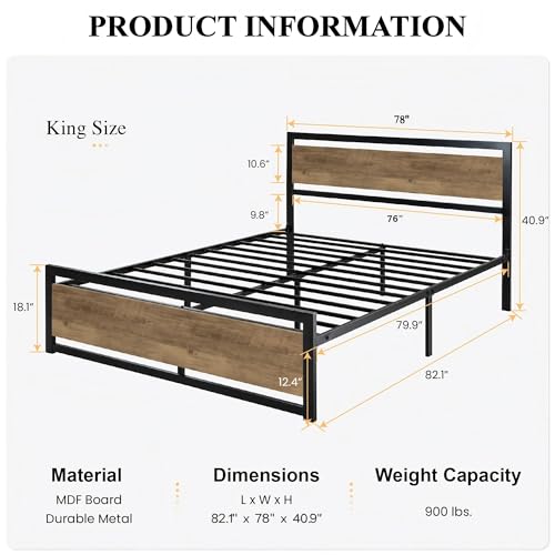 Image of SHA CERLIN Heavy Duty King Size Bed Frame with Modern Headboard, Brown | Platform Metal Base with Square Footboard and 13 Strong Slats Support, No Box Spring Needed