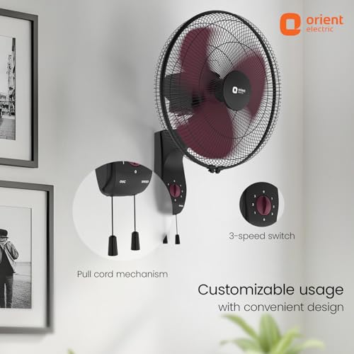Image of Orient Electric Wall 97 | High Speed Wall Fan for Home | 100% Copper Motor | 90 Degree Oscillation with Tilt Mechanism | 3 Speed Pull Cord | Thermal Overload Protection | Military Grade Guard | Red