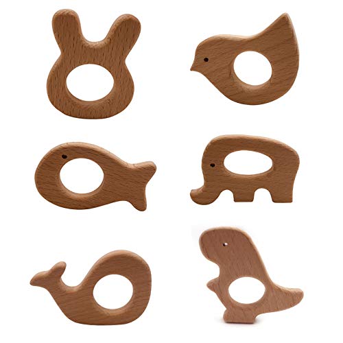 6 Stuks Baby Houten Tandjes Montessori, Baby Hout Tandjes Pijnverlichting Tandjes, Houten Vogel Olifant Eekhoorn Handgemaakte Hanger Sensorische, voor Tandjes en Kiezen van Baby's