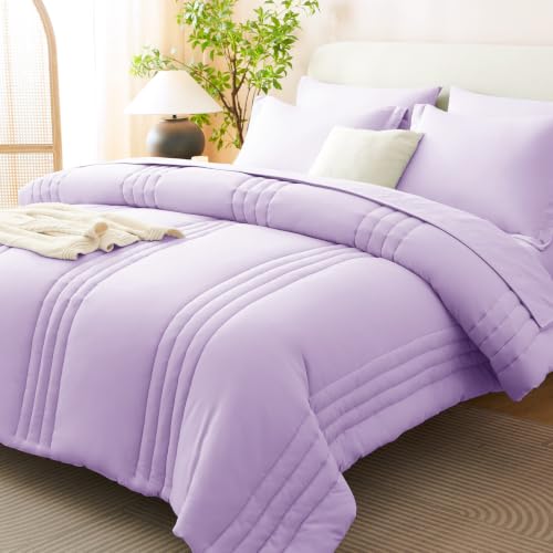 Image of CozyLux King Size Comforter Set Lavender - 7 Pieces Bed in a Bag, Modern Vertical Quilted Room Decor, Soft All-Season Bedding Gift with Comforter, Sheets, Pillowcases & Shams