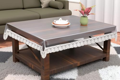 Image of The Furnishing Tree Rectangle Shaped Center Transparent Table Cover WxL 40x60 inches 0.25 mm Thickness with White Lace