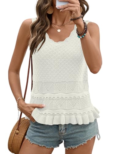 LOMON Women Sweater Vest – Boho Crochet Sleeveless Tank Top in White