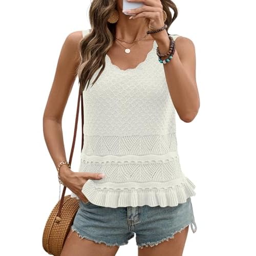 LOMON Sweater Vest Crochet Tops for Women Casual Cute Ruffle Hem Boho Knit Crop Tank Tops Sleeveless White Medium