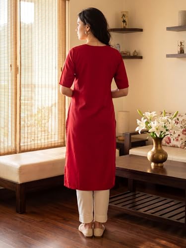 Image of INDO ERA Women Viscose Rayon Straight Fit Straight Floral Embroidered Kurtas