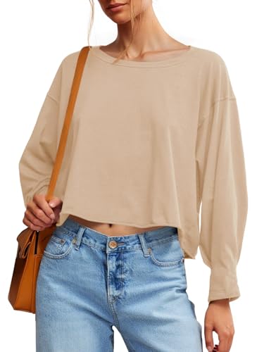 Top court femme manches longues col rond avec coupe fluide et coupe ample moderne