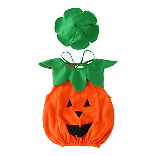 2 Pezzi Zucca Halloween Costume Neonato, Maniche Lunghe Vestito Halloween Neonato, Costume Halloweens Neonatos in Cotone Unisex, Costumes Zucca Neonatos Tuta Con Cappuccio+Pantaloni(0-24 Mesi)