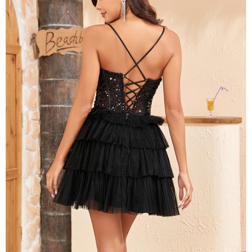 WIOJEIGO Short A-Line Tulle Homecoming Dresses for Women 2024 Spaghetti Straps with Sequins Prom Party Dress2
