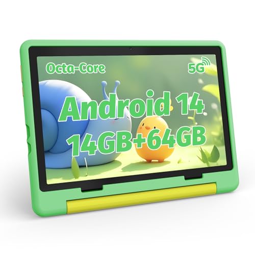 Hakaug 10 Inch Kids Tablet Android 14 Tablet with Protective Case - Octa-Core Processor, 14GB RAM, 64GB ROM + 1TB Expandable, 5MP+8MP, 5000mAh, Parental Control, 5G WiFi 6, BT 5.3, Green