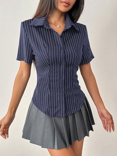Image of Aahwan White Solid Button-Down Striped Print Casual Short Sleeve Shirt for Women's & Girl's