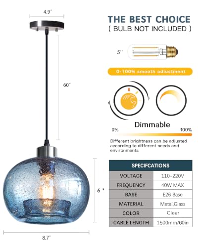 Image of CASAMOTION Hand Blown Glass Pendant Lights Kitchen Island Marble Blue Color Modern Rustic Style Ceiling Hanging Light Fixtures Dining Room Brushed Nickel 8.7 Inch Diameter 2 Pack