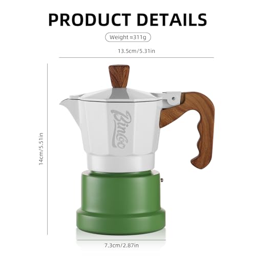 Image of Bincoo Espresso Maker Stovetop,Camping Moka Pot 2 Cup /120ML,Stove Top Espresso Italian Coffee Maker,Easy to Use (White-green)