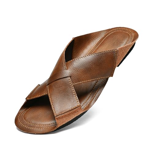 Men'S Leather Retro Fisherman Cutout Slides Sandals,Open Toe Lightweight Anti-Slip Soft Bottom Slip-On Slippers,Summer Indoor and Outdoor Beach Sandals