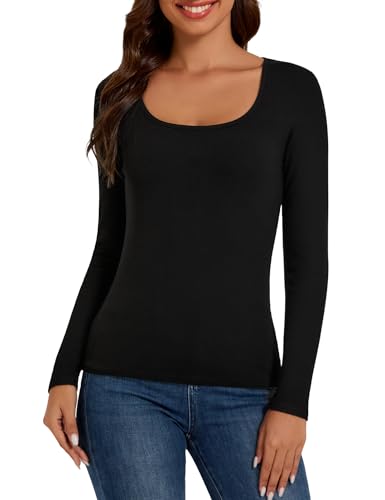 Tournesol Women's Micro Fleece Lined Tops Thermal Long Sleeve Underwear Shirts Square Neck Ribbed Layer Tee for Cold Black