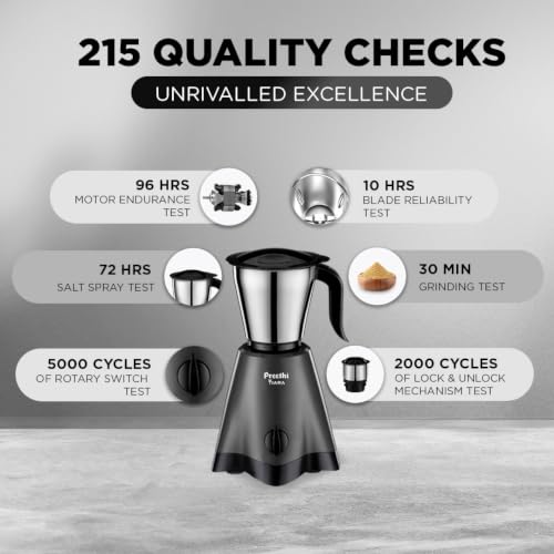 Image of Preethi Tiara 500 Watts Mixer Grinder, 3 Jars (Stainless Steel), Perfect for Grinding Masalas, Chutneys and Purees, 2 Year Warranty, Lifelong Free Service, Black