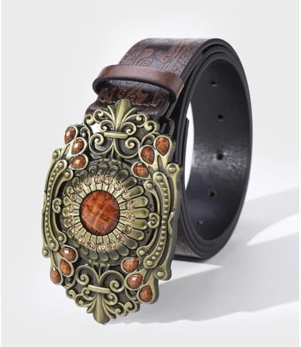 Versatile Fashion Belt Retro Bronze Embossed Ethnic Style Leather Belt Big Buckle Metal Western Embossed Leather Waist Belt Causal Golf Pants Polo Shirts Matching Floral Engraved Buckle Belt3