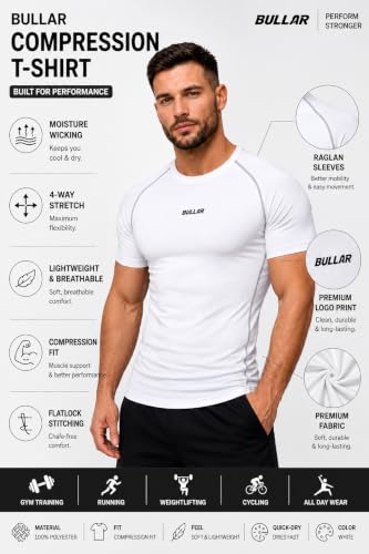 Image of BULLAR Men's Polyester Blend Compression T-Shirt, Half Sleeve Athletic Sports Tight, Crew Neck, Slim Fit Tshirt for Fitness and Workout