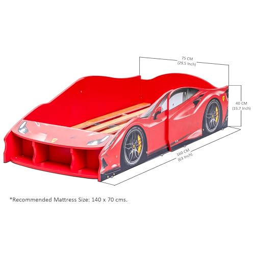 Image of Alex Daisy Kids Racing Car Bed with Front Bookshelf | Engineered Wood Toddler Bed for Boys & Girls | Sports Car Design | Fits 140 x 70 cm Mattress | Child Bed Up to 8 yr or 50 kgs (with Mattress)