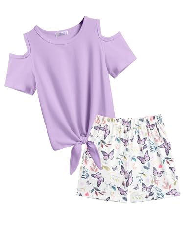 Image of Arshiner Girls Short Sets 2 Pieces Outfits Short Sleeve Tie Knot T-Shirts and Casual Shorts With Pockets Cute Clothes Sets