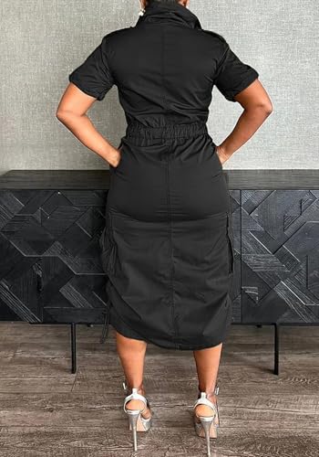 LAJIOJIO Women's Casual Cargo Dresses,V Neck Short Sleeve Drawstring Long Dress with Pockets3