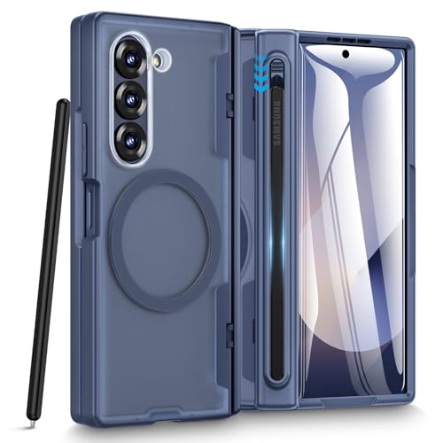 Caka for Samsung Galaxy Z Fold 6 Case [Thinner S Pen Holder Slot] [Magnetic Charging] [Hinge Protection] [Built-in Screen Protector] Translucent Hard Shockproof Magnet Phone Cover for Fold6 - Blue