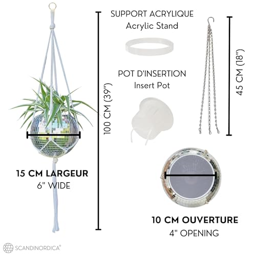 Pot de fleurs boule disco suspendu 15 cm argent SCANDINORDICA avec macramé