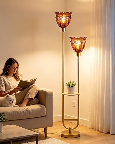 Image of Modern Glass Floor Lamp with Shelf for Living Room 2-Lights Gold Floor Lamp with Deep Red Glass Shade, Mid Century Standing Tall Lamps with Foot Switch for Bedroom Office (Bulbs Included)