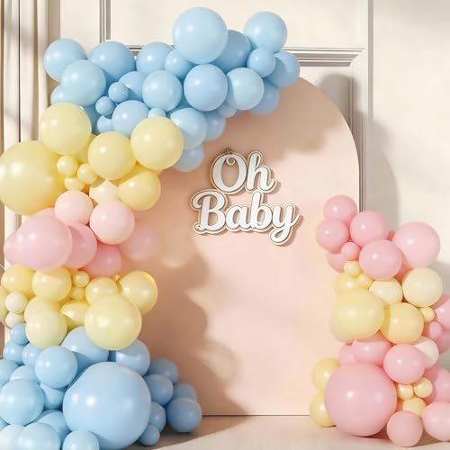 Pastel Balloon Garland Arch Kit, 143pcs Macaron Pink Yellow Blue Latex Balloons for Gender Reveal Baby Shower Wedding Birthday Party Decoration