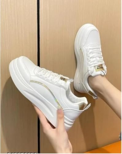 Image of Women & Girls White Stylish Design Lace-up Lightweight and Comfortable Shoes for Parties, as Well as Gym Casual Sports Sneakers Shoes