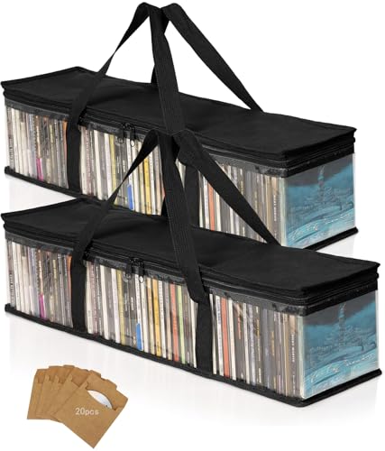 DVD Storage Bags, 2 Pack Clear PVC Media Organizer with Zipper and Handles, Stackable Holder Case for CDs, Blu-ray, Video Games, Albums, Movie Cases
