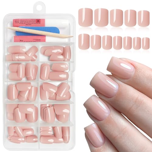 Bellelfin Square Press on Nails Short, 120Pcs Glossy Nude Fake Nails...