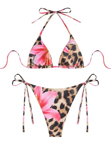 Image of ZAFUL Womens Printed Triangle Bikinis 2 Piece Halter Bikini Sets High Cut Bathing Suit Side Tie Swimsuits