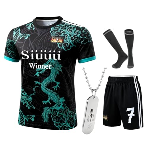 Youth Soccer Uniform Set #7 Complete Kit with Futbol Jersey Shorts Socks Necklace for Kids Boys Girls Team Practice Gear (C.R.Dragon.Green#7 9-10 Years)