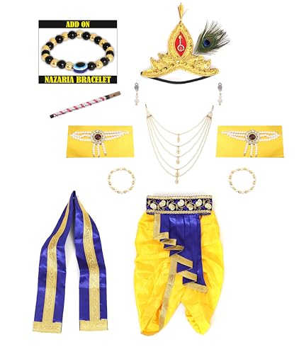 Image of Krishna Dress for Kids, Baby Krishna Dress for Janmashtami with Krishna Mukut, Peacock Feather & Flute Embroidered Krishna Costume for Girl & Boy, 3 Months-8 Years