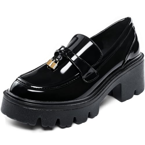 SHOOVA Platform Loafers for Women,Chunky Slip-On Work Shoes Black by SHOOVA