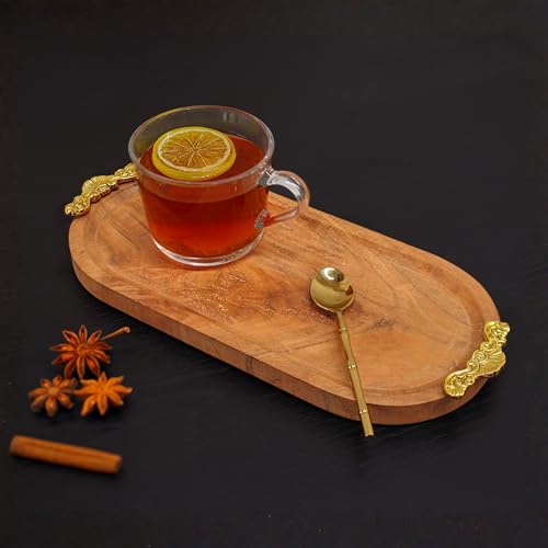 Image of BEHOMA Mango Wood Oval Serving Platter, Brass Motif, 32cm | Mango wood oval platter with brass motif, 32cm; festive serveware for Durga Puja & Navratri decor.