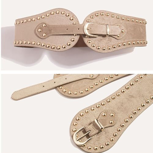 Women's Elastic Skinny Belt Western Rivets Velvet PU Leather Waist Band Wide Cinch Belt for Cowgirl Sweater Overcoat Dress3