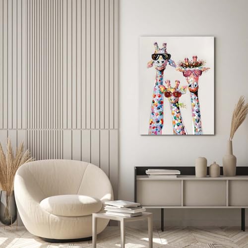 Qiukoo Wall Art - Bunte Giraffe Leinwanddruck mit Sonnenbrille, lustige Tier-Wanddekoration für Schlafzimmer, Wohnzimmer, Flur oder Treppe, mit vormontiertem Rahmen und Haken, 30 x 39,9 cm