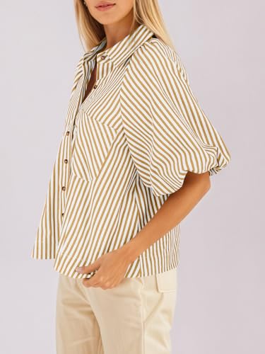 Image of Tankaneo Womens Short Puff Sleeve Button Down Shirts Striped Trendy Casual Loose Fit Blouse V Neck Collared Tops