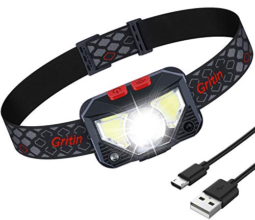 Lampe Frontale, Gritin Torche Frontale LED USB Rechargeable Puissante, Super Lumineux 500 LM, 8 Modes d'éclairage, Détecteur de Mouvement, Étanche et Léger pour Pêche, Camping, Lecture, Randonnée