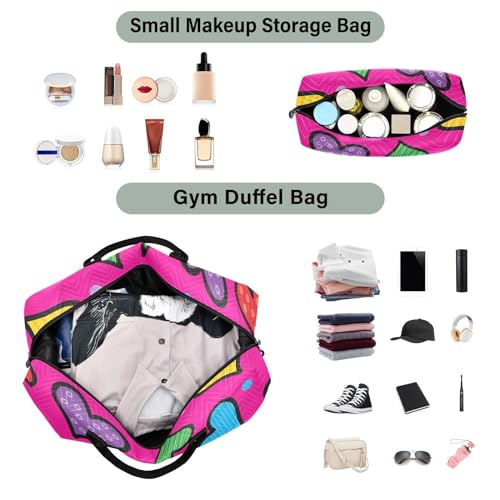 Bolaz Duffle Bag for Travel-Colorful Heart on Red ，Weekender Overnight Bag with Wet Pocket for Women，Large Carry On Airport Bag with Toiletry Bag for Travel, Business Trips, Sports4
