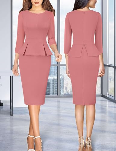 Image of VFSHOW Womens Wear to Work Front Zipper V Neck Peplum Business Office Church Flattering Pencil Sheath Dress