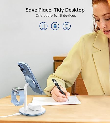 Image of XooFly 3 in 1 Magnetic Wireless Charging Station for Apple Devices,15W | Fast Charging Phone Charger Stand for Magsafe-enabled iPhone 17 16 15 14 13 12 Series, Apple Watch Ultra Airpod Pro, Blue