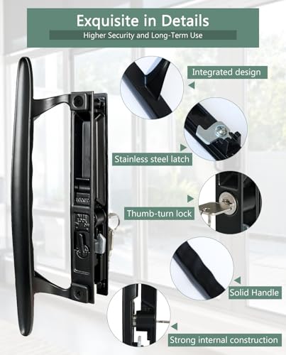 Image of Patio Sliding Glass Door Handle Set, 6-5 /8 inch H.C., Fits 1 inch to 1-1 /8 inch Thick Doors, Black Diecast, Features Lock & 2 Hook Latch & Keys, Flush