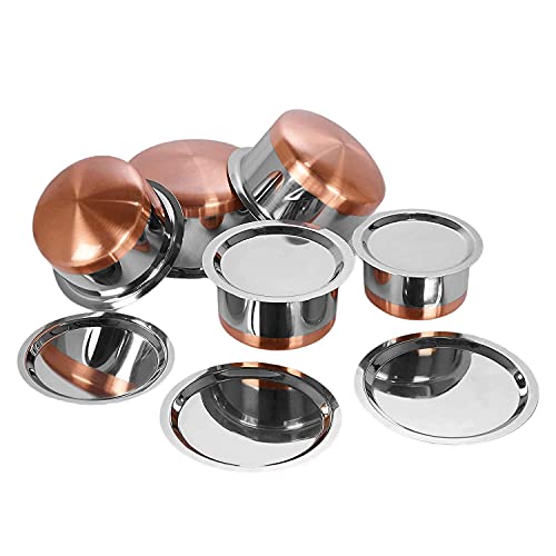 Dealnicy Stainless Steel Copper Bottom Cookware Set with Lid | Container | Tope | Patila | Tapeli | Kitchen Cooking and Serving Bowl | Dining Set | Pot Sets (Silver)(5 Piece Tope with 5 Piece Lid)