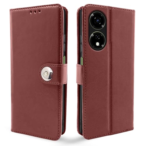 Image of Pikkme itel P55 5G Flip Cover Leather Finish | Inside TPU with Card Pockets | Wallet Stand and Shock Proof | Complete Protection Button Flip Case (Brown)